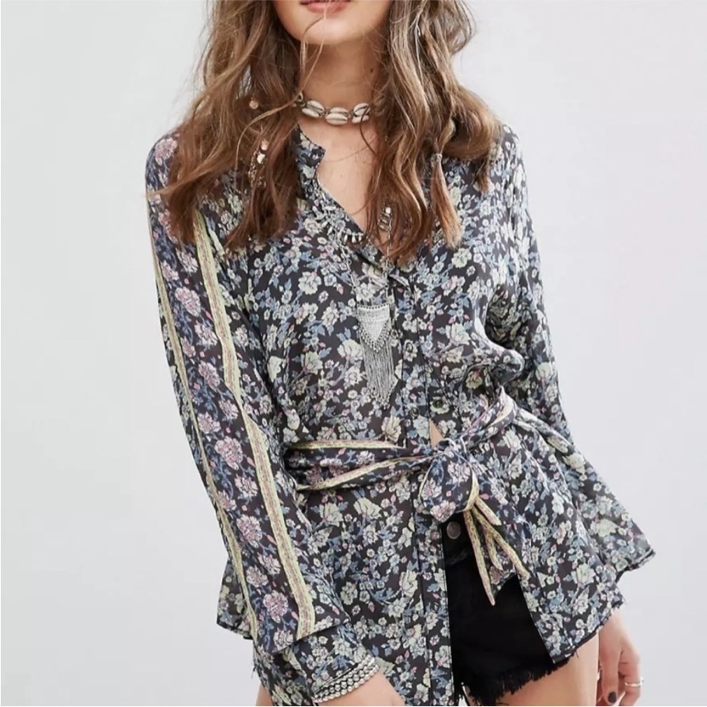 Free People Skyway Floral Drive in Boho Blouse Sash Tie Belt Black Blue Small
